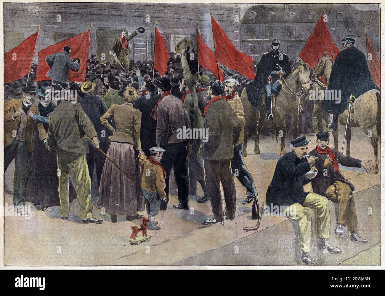 Une reunion publique des grevistes devant l'hotel de ville de Montceau les mines ( Saone et Loire), ou pres de 10 000 grevistes ont arrete le travail depuis plus d'un mois. Gravure in 'Le pelerin' 8091901. Stock Photo