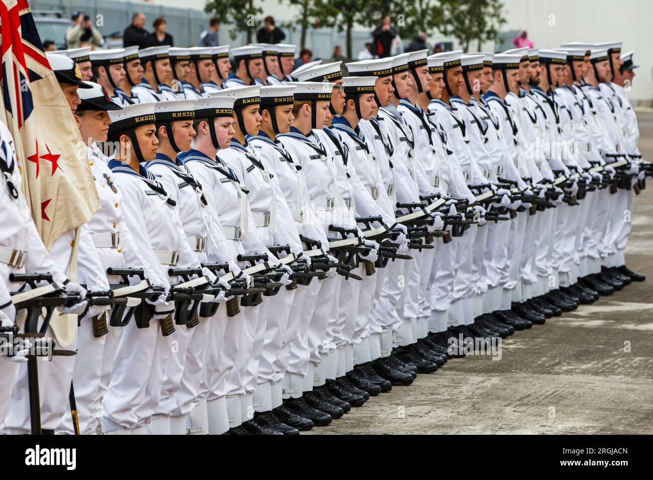 A Royal New Zealand Navy Guard taking part in an International Naval Review in the Waitemata Harbour, Auckland, New Zealand, Stock Photo