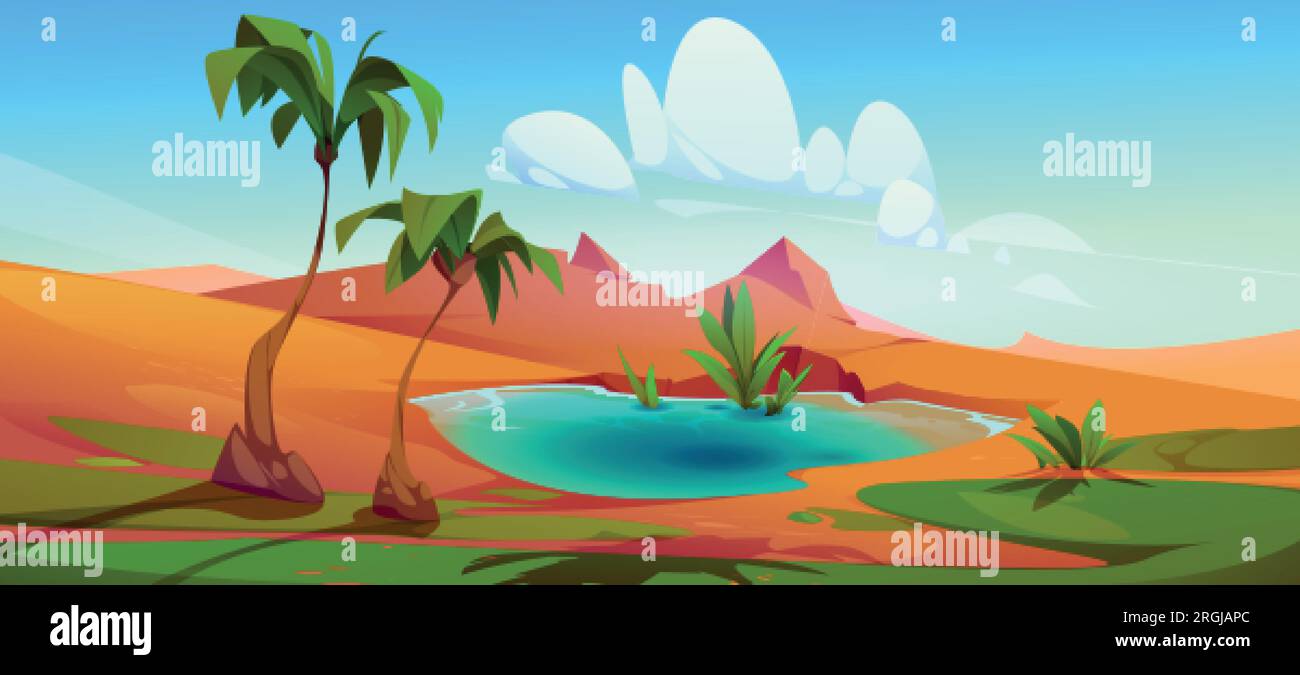 Palm tree in desert oasis cartoon vector landscape background. Water in sahara lake egyptian summer mirage. African heat season image. Illustrated ara Stock Vector