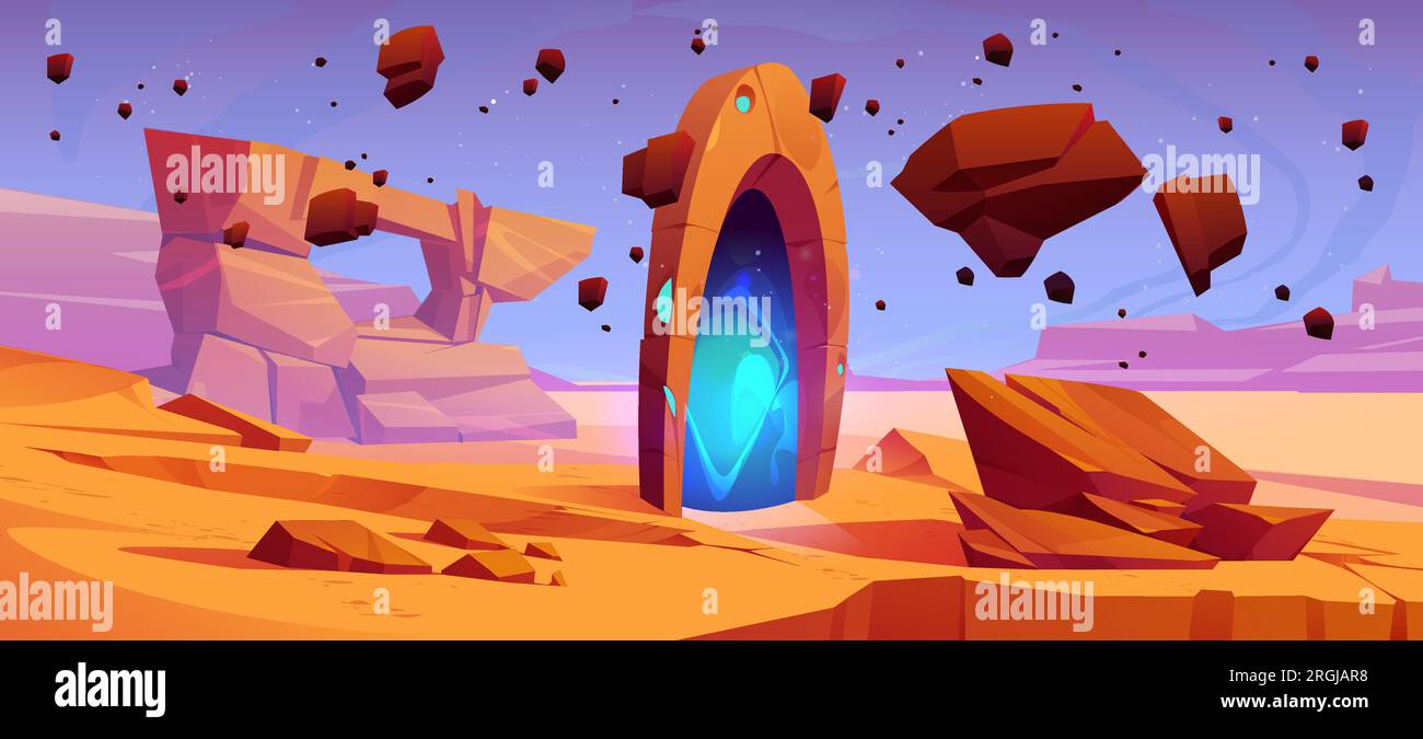 Fantasy game background with magic portal. Alien world or planet landscape  of desert with teleport gates in stone arch, sand and flying rocks, vector  Stock Vector Image & Art - Alamy