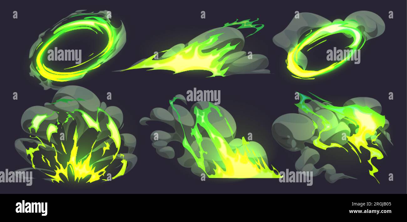 Toxic green comic fire with smoke effect cartoon illustration set. Bomb or energy explode with cloud flame after magician spell vfx icon. Boom explosi Stock Vector