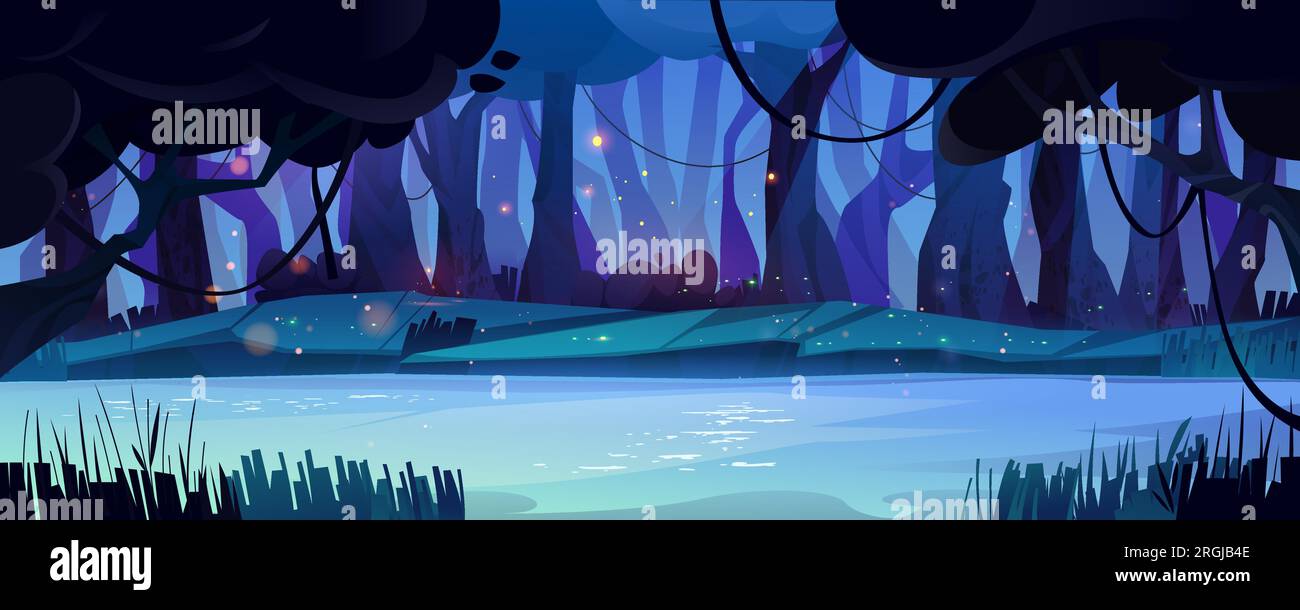 Night forest river with golden fireflies glowing in air. Vector cartoon ...