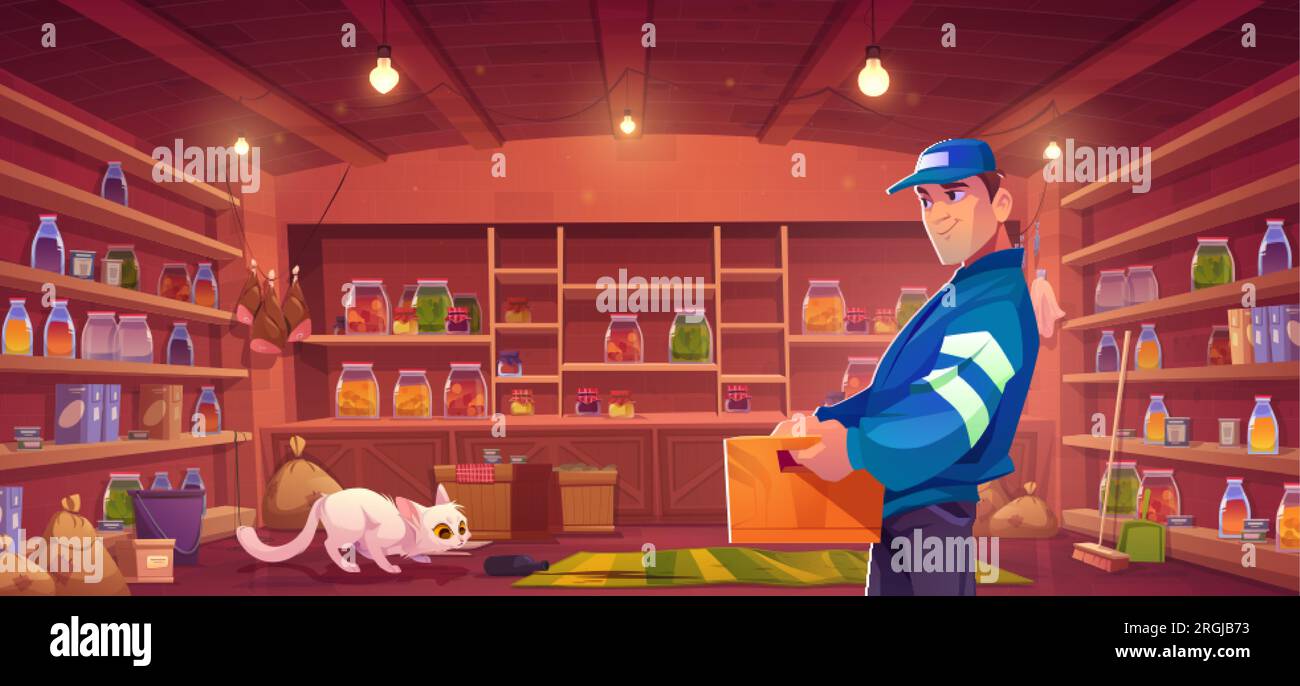 Cat and man in home larder holding box vector background room. Organise