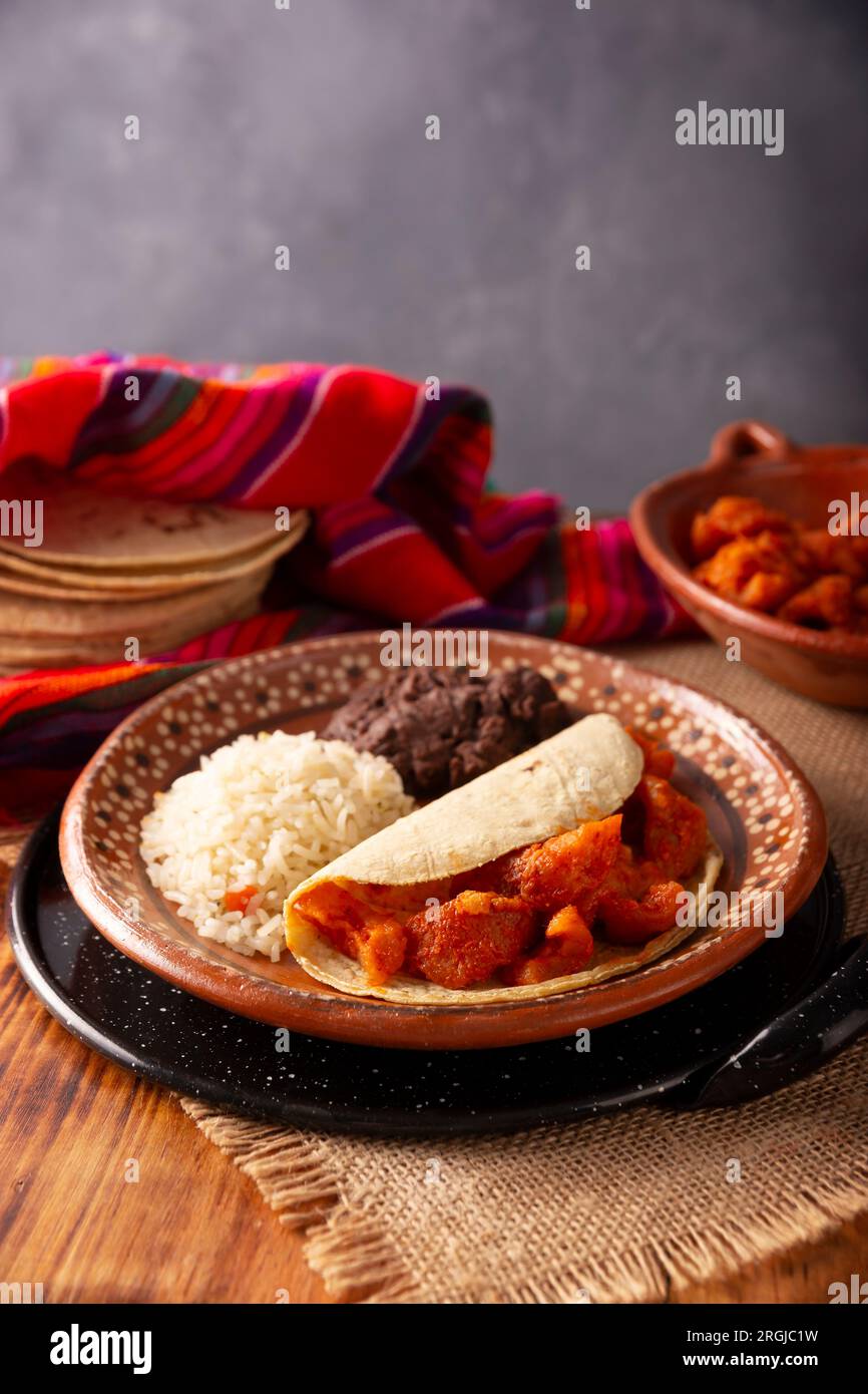 Chicharron en salsa roja. Pork rinds stewed in red sauce accompanied by rice and refried beans. Traditional homemade dish very popular in Mexico, this Stock Photo