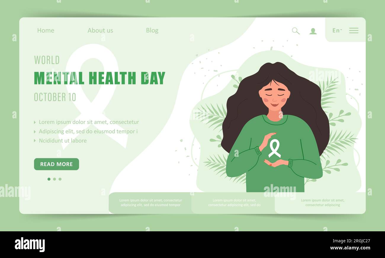 World mental health day. Landing page template. Happy woman with ribbon. Annual international health campaign. Vector illustration in flat cartoon Stock Vector