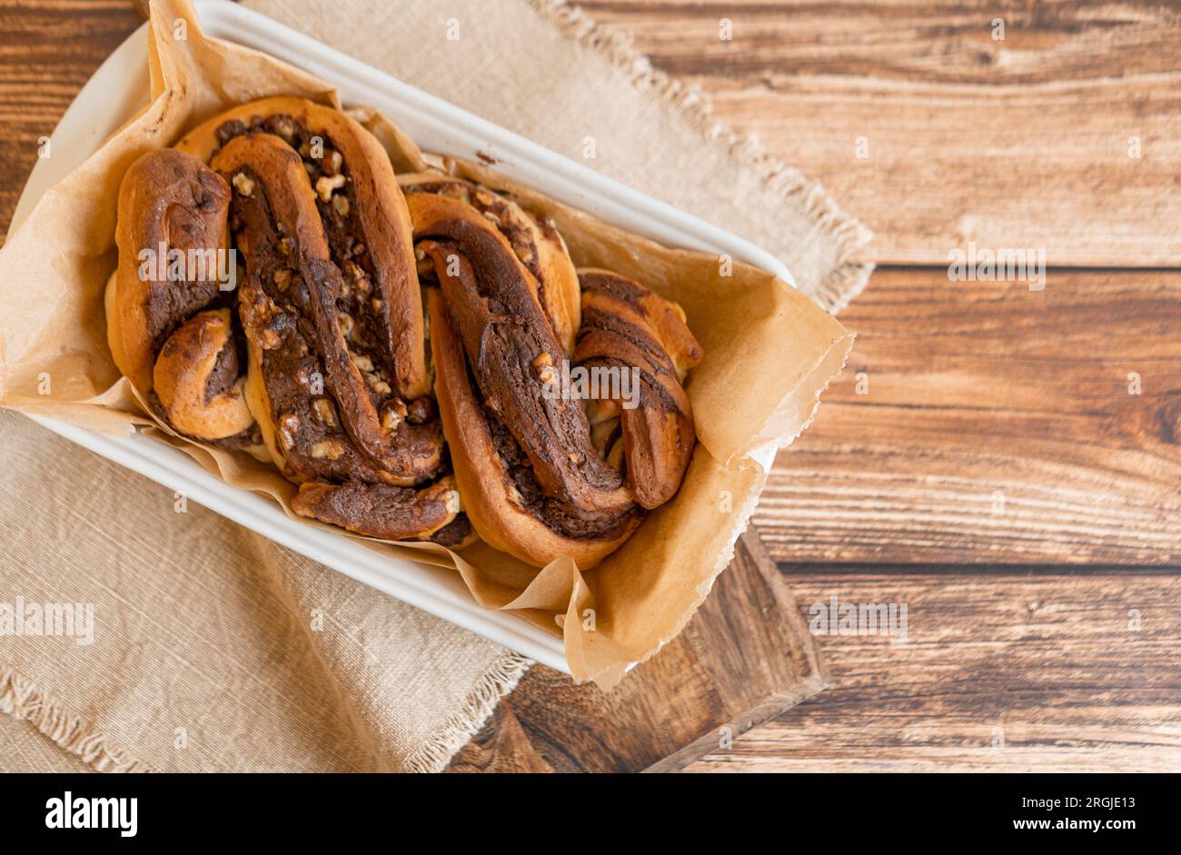 Freshly baked Chocolate babka, top view. Stock Photo