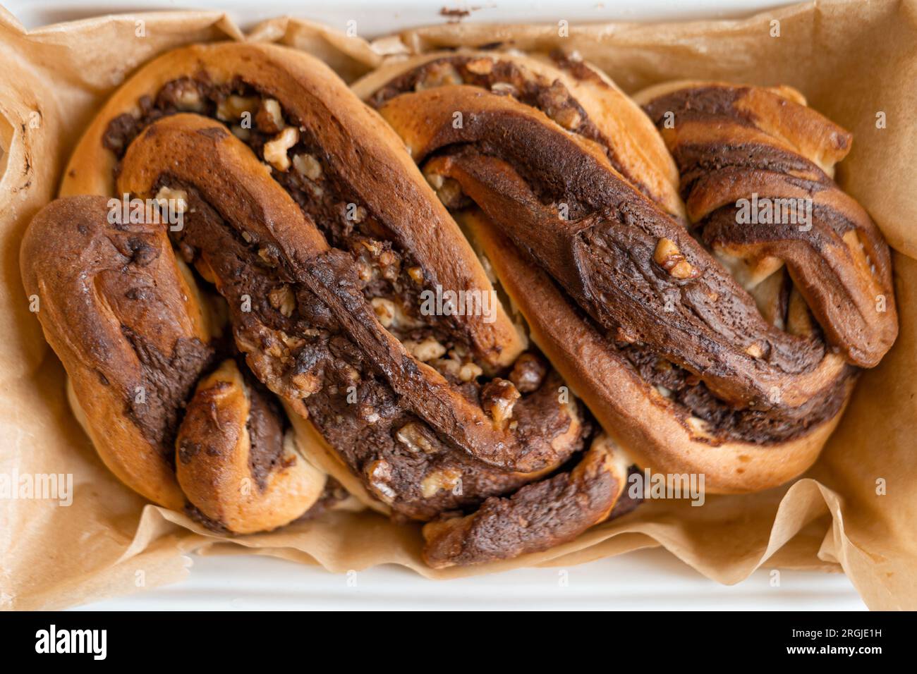 Freshly baked Chocolate babka, top view. Stock Photo