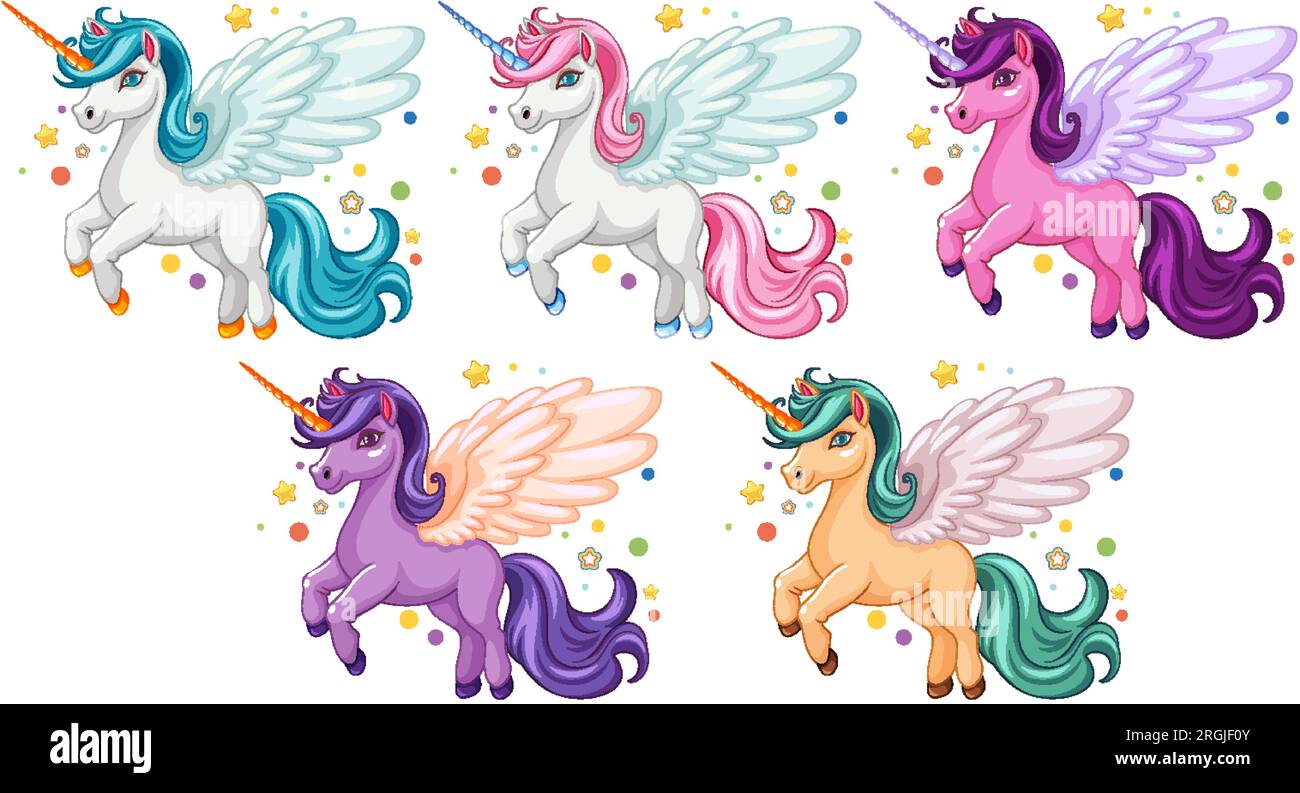 A cheerful illustration of a group of unicorns in cartoon style Stock