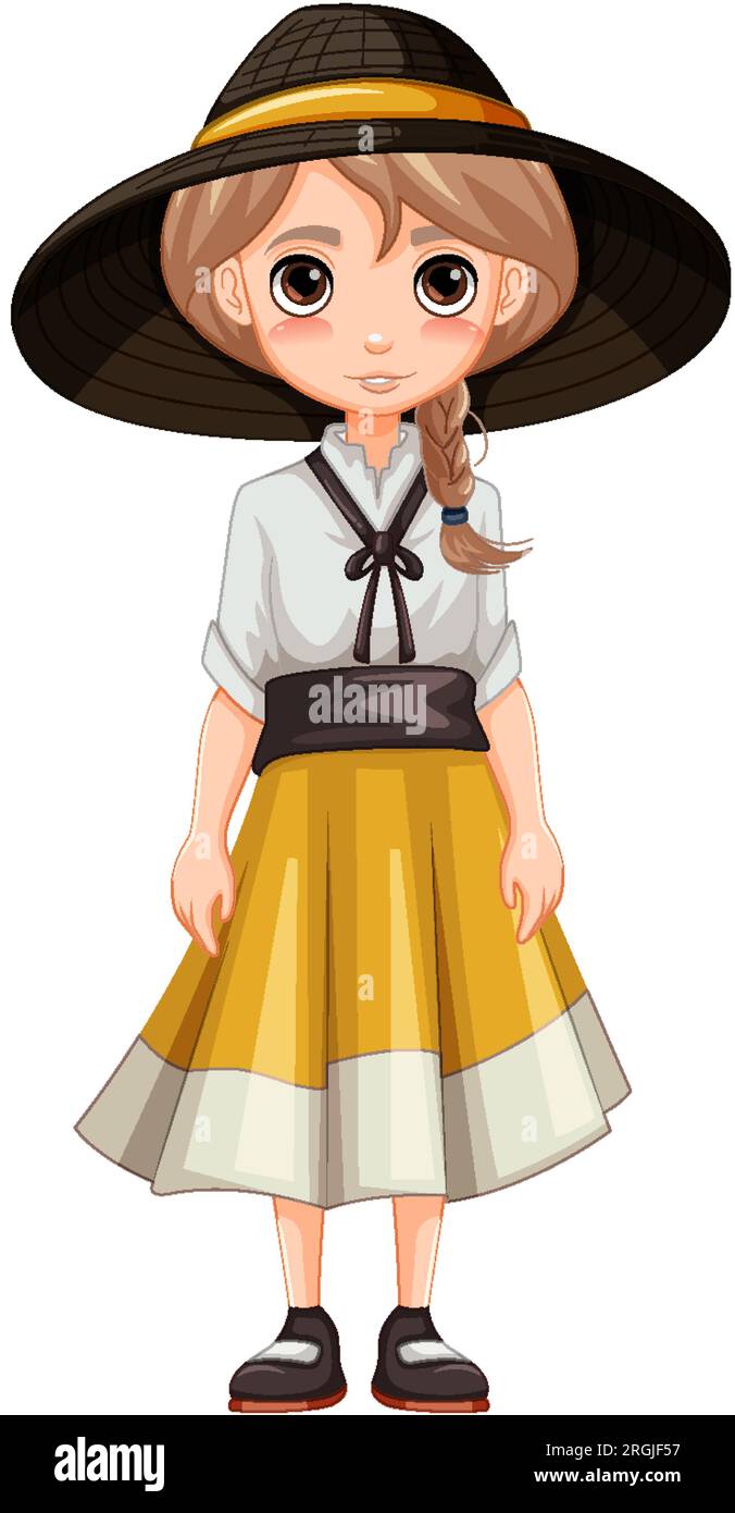 A cartoon illustration of a cute woman wearing traditional Asian dress ...