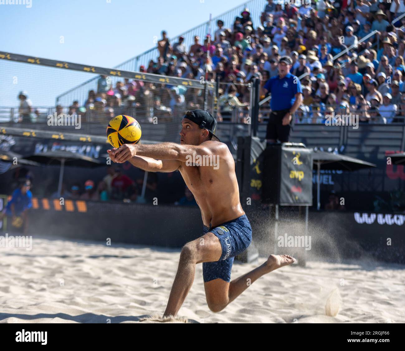 Trevor Crabb passes the ball during the AVP Hermosa Beach Open on 8 July 2023. (John Geldermann
