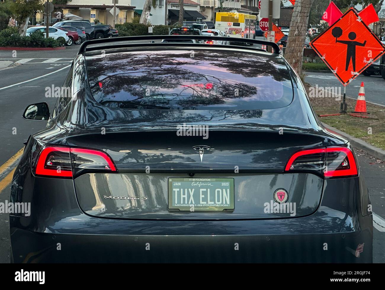 July 30, 2023, Montecito, California, U.S.A: THX Elon license Plate on a Model 3 Tesla driving on Coast Village Road in the luxurious enclave of Montecito, California, home to royalty, movie stars, and business mogals. (Credit Image: © Amy Katz/ZUMA Press Wire) EDITORIAL USAGE ONLY! Not for Commercial USAGE! Stock Photo