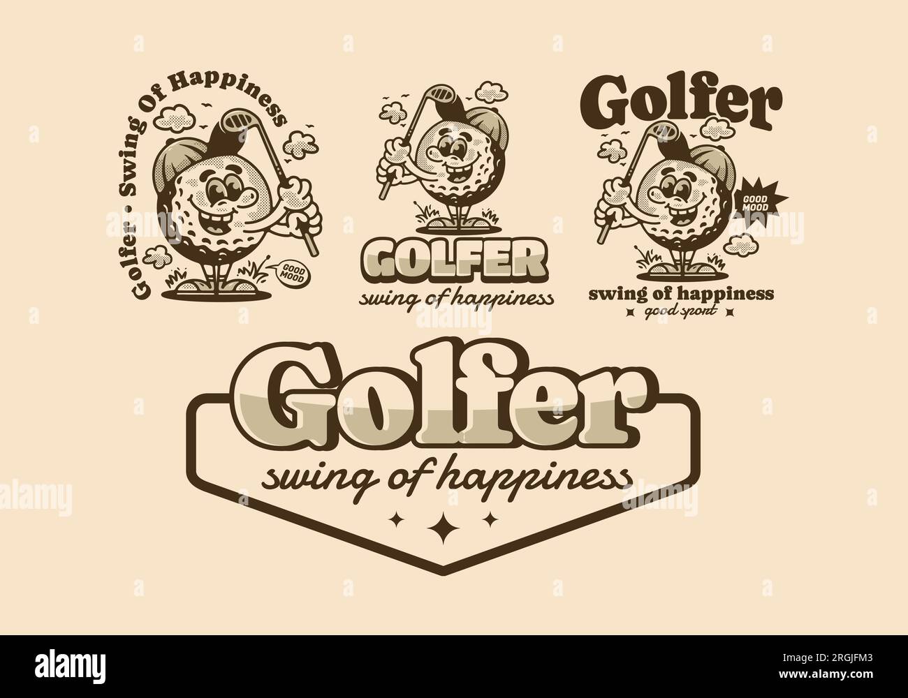 Golfer swing of happiness, mascot character illustration of golf ball