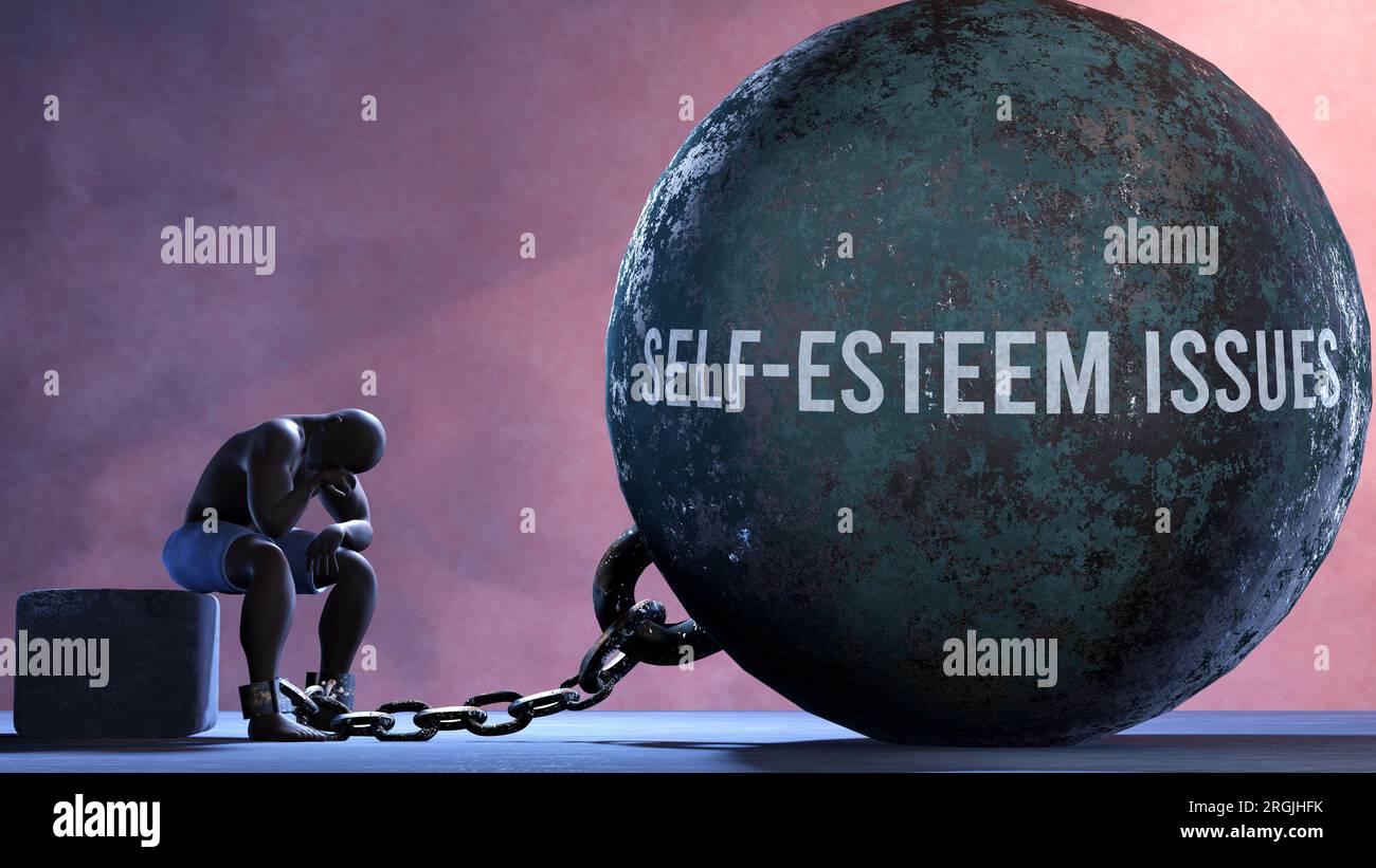 Self esteem issues - a metaphor showing human struggle with Self esteem issues. Resigned and exhausted person chained to Self esteem issues. Depressed Stock Photo