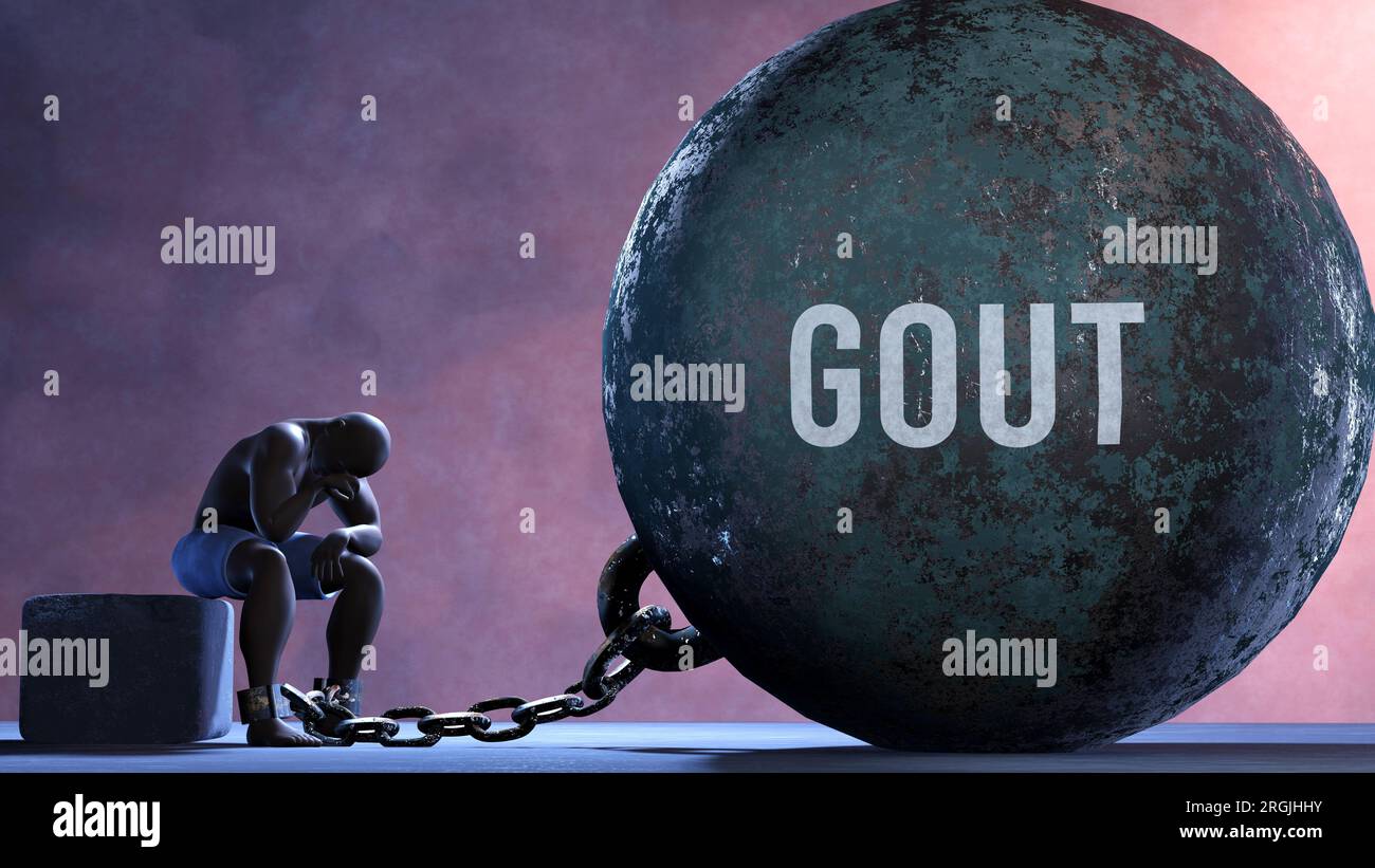 Gout - a metaphor showing human struggle with Gout. Resigned and exhausted person chained to Gout. Drained and depressed by a continuous struggle,3d i Stock Photo