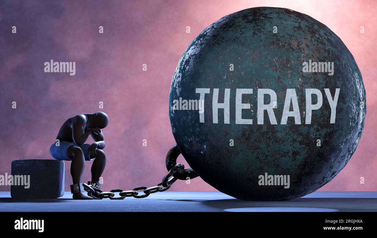 Therapy a metaphor showing human struggle with Therapy. Resigned and exhausted person chained