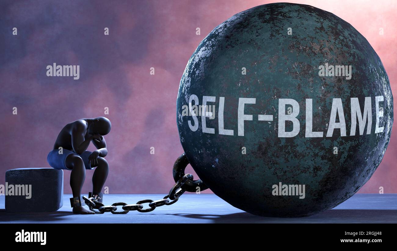 Self blame a metaphor showing human struggle with Self blame. Resigned and exhausted person