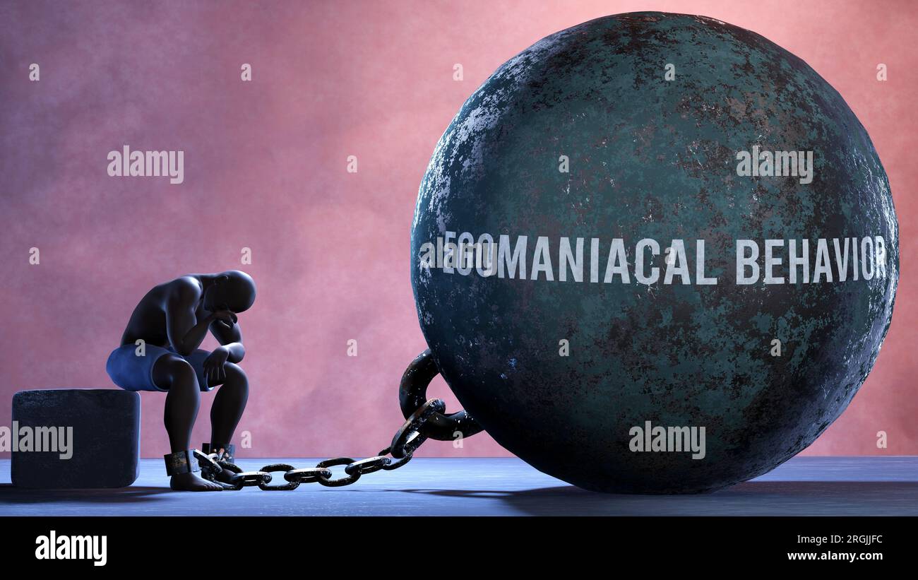 Egomaniacal behavior - a metaphor showing human struggle with Egomaniacal behavior. Resigned and exhausted person chained to Egomaniacal behavior. Dep Stock Photo