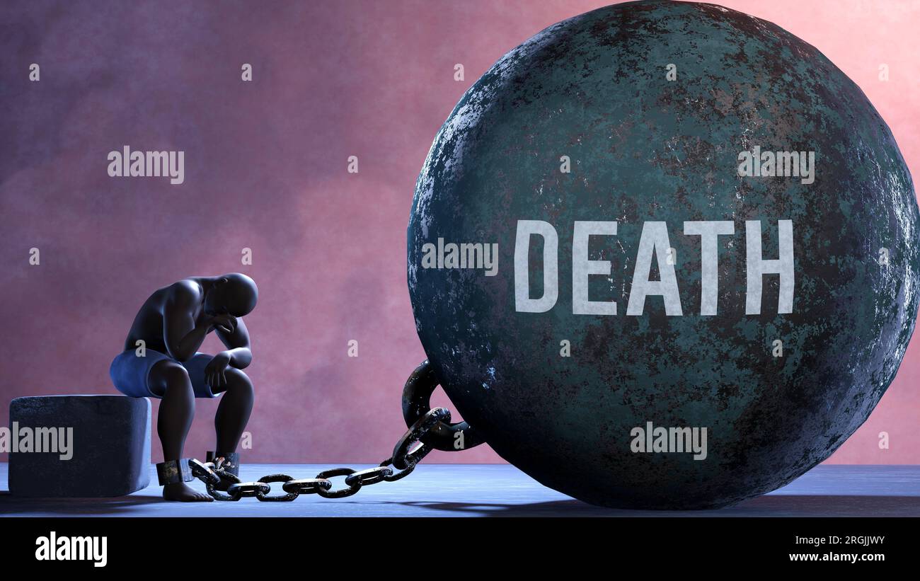 Death a metaphor showing human struggle with Death. Resigned and exhausted person chained to