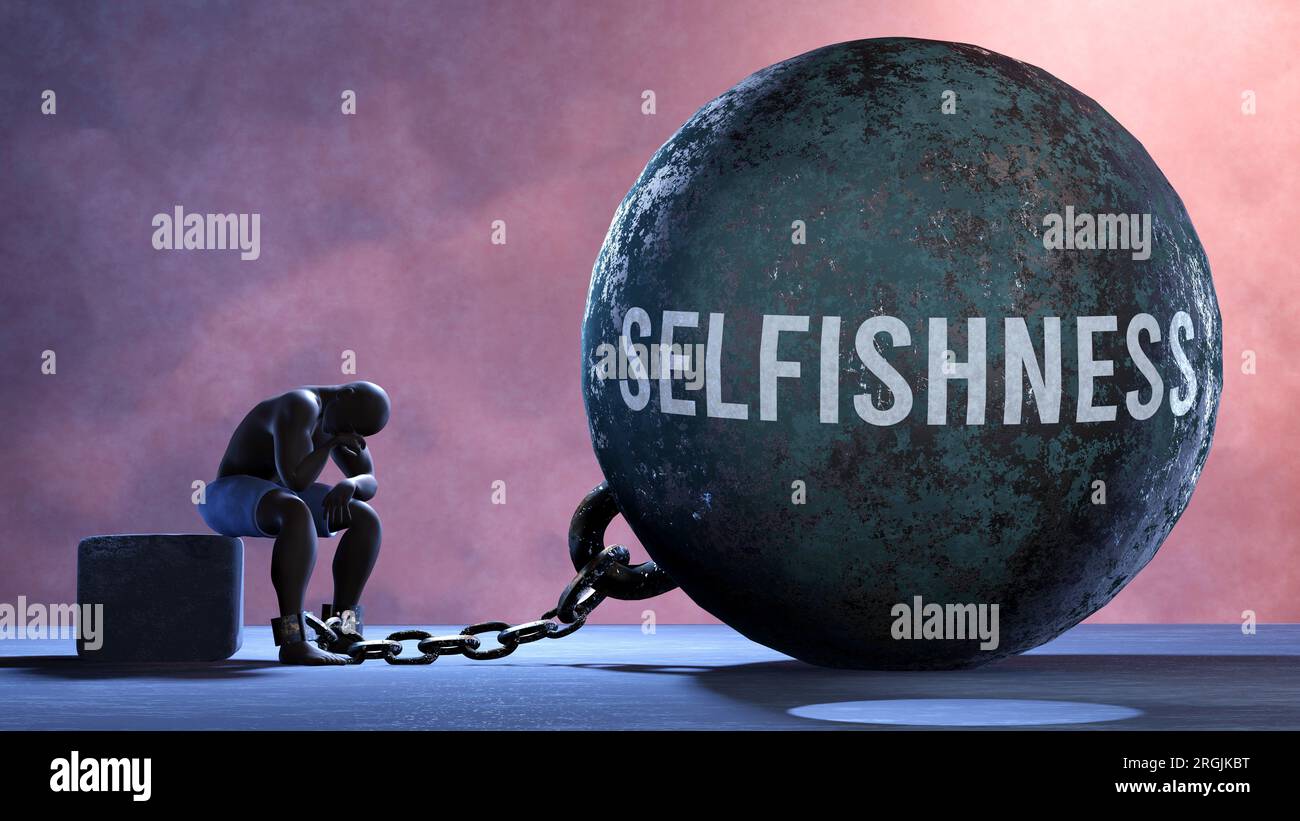 Selfishness a metaphor showing human struggle with Selfishness. Resigned and exhausted person