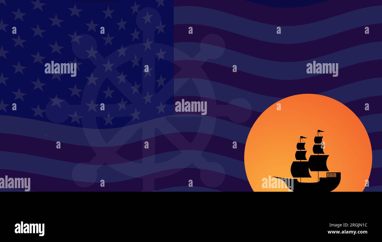Columbus Day Background with Silhouette of Ship, Steer Wheel and Copy
