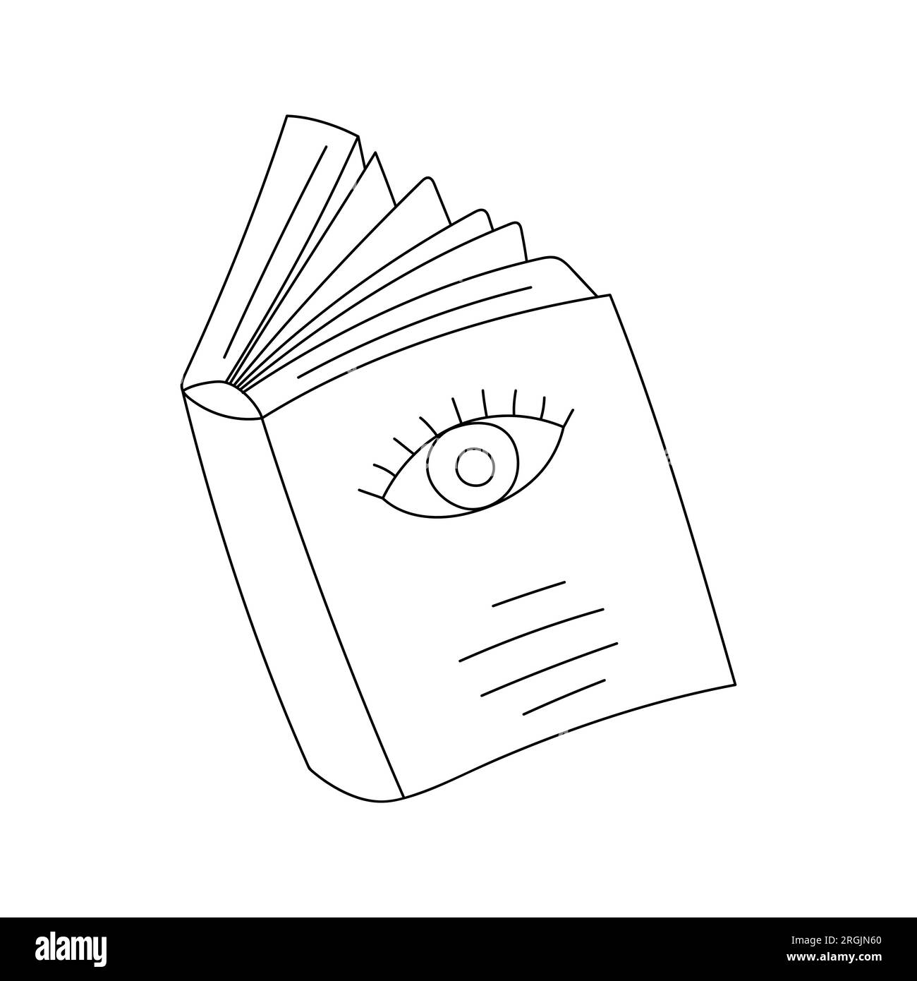 Outline doodle open hardcover book with eye on cover. A symbol of learning, education. Literature, reading. Hand drawn black and white vector illustra Stock Vector