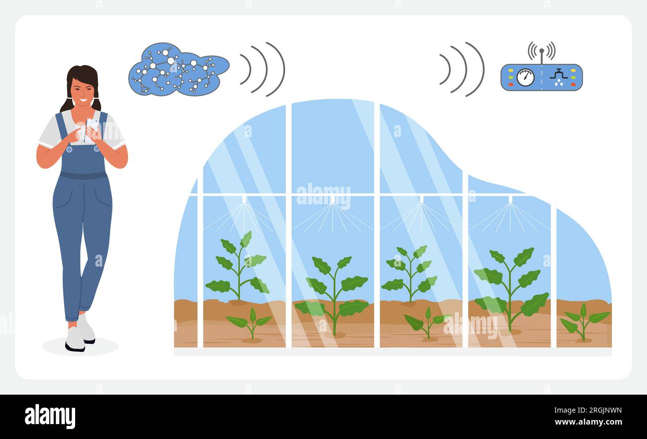Person controls smart agricultural greenhouse system by digital device Vector illustration