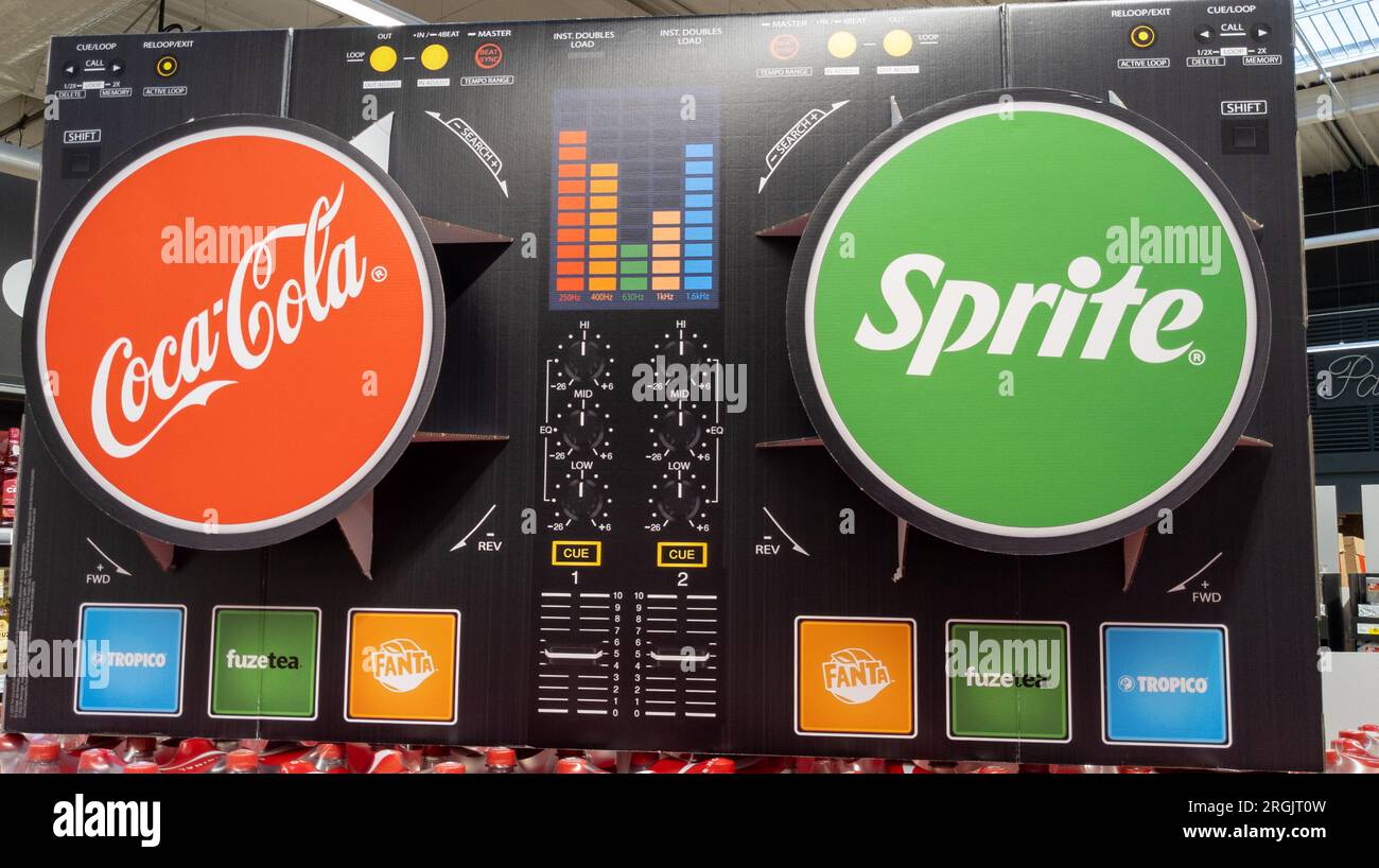 Bordeaux , France -  08 01 2023 : Coca Cola and sprite sign and text logo on music dj advertisement with tropico fuztea fanta brand Stock Photo