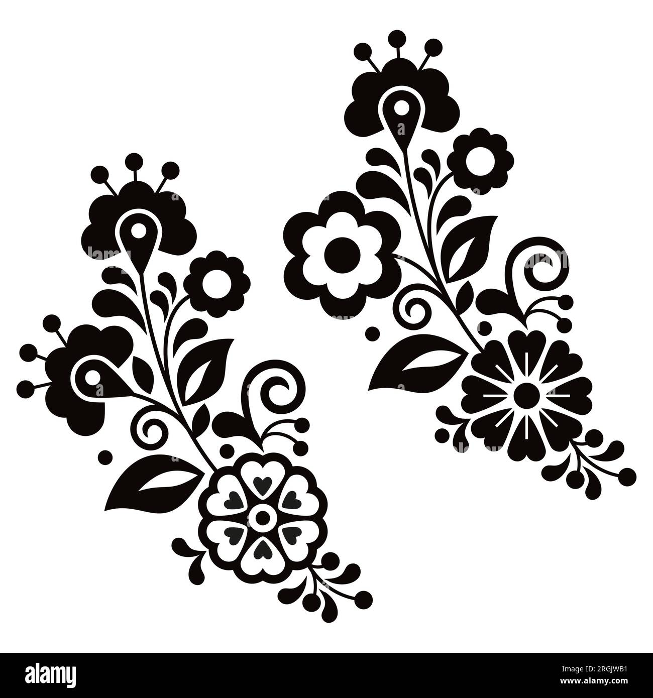 Mexican folk art style vector floral long black and white pattern, designs inspired by traditional embroidery from Mexico Stock Vector