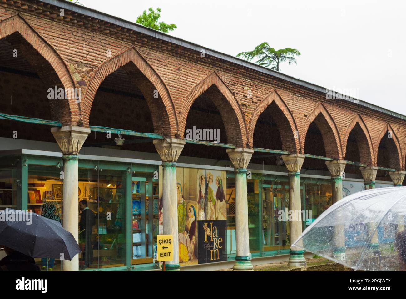 Stores in the courtyard of Topkapi Sarayi Palace on rainy spring day ...