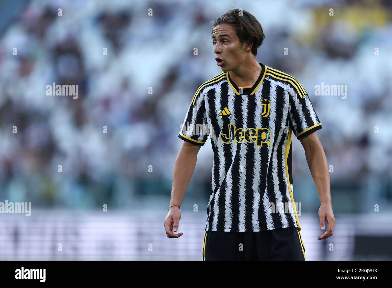 Turin, Italy. 09th Aug, 2023. Dean Huijsen of Juventus and Nicolo Cudrig of  Juventus NextGen U23 during the pre-season test match between Juventus Fc  and Juventus NextGen U23 on 09 August 2023