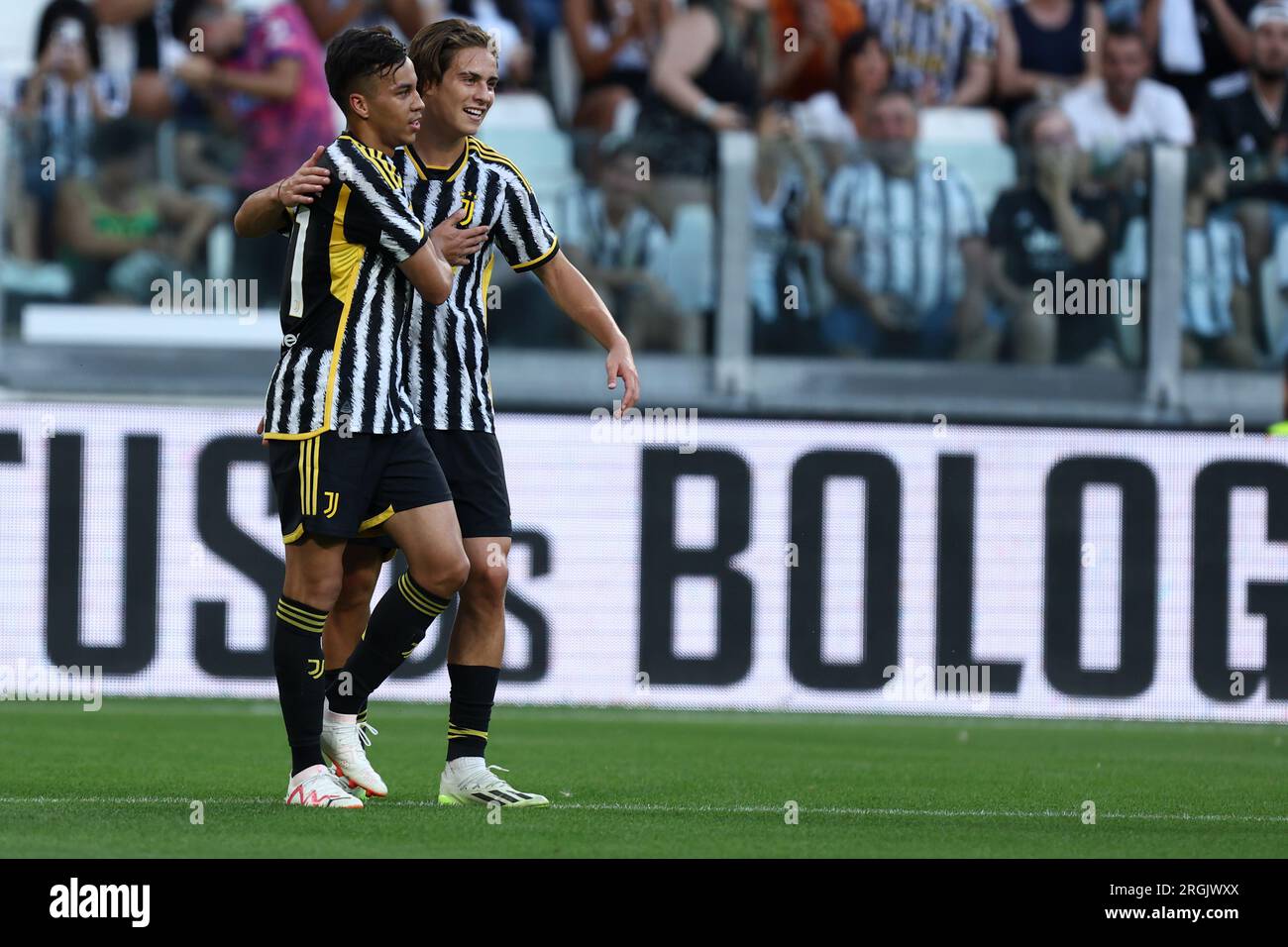 Turin, Italy. 09th Aug, 2023. Dean Huijsen of Juventus and Nicolo Cudrig of  Juventus NextGen U23 during the pre-season test match between Juventus Fc  and Juventus NextGen U23 on 09 August 2023