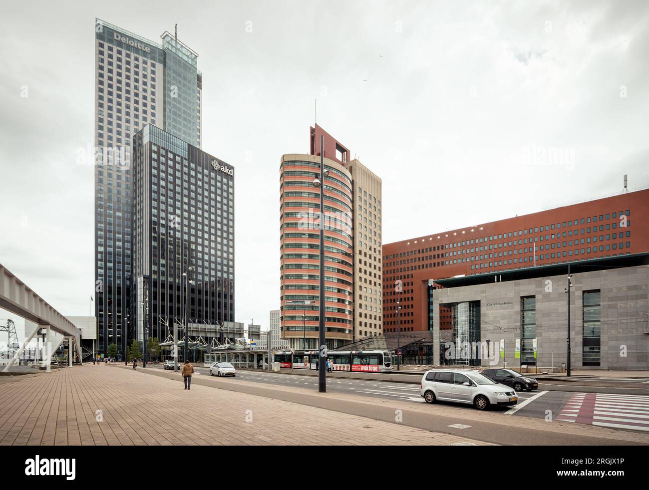 Wilhelminaplein square in Rotterdam with hi-rise office buildings. Downtown district in Feijenoord district of Rotterdam on the bank of the Maas river Stock Photo