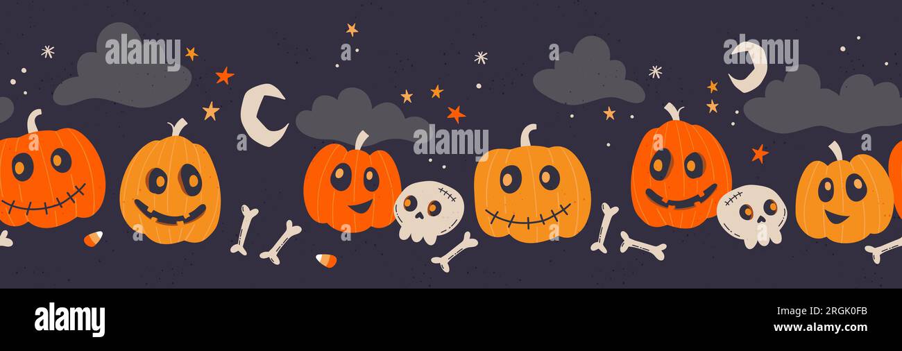 Fun hand drawn Halloween seamless pattern with pumpkins and decoration - great for textiles, banners, wallpapers, wrapping - vector design Stock Vector