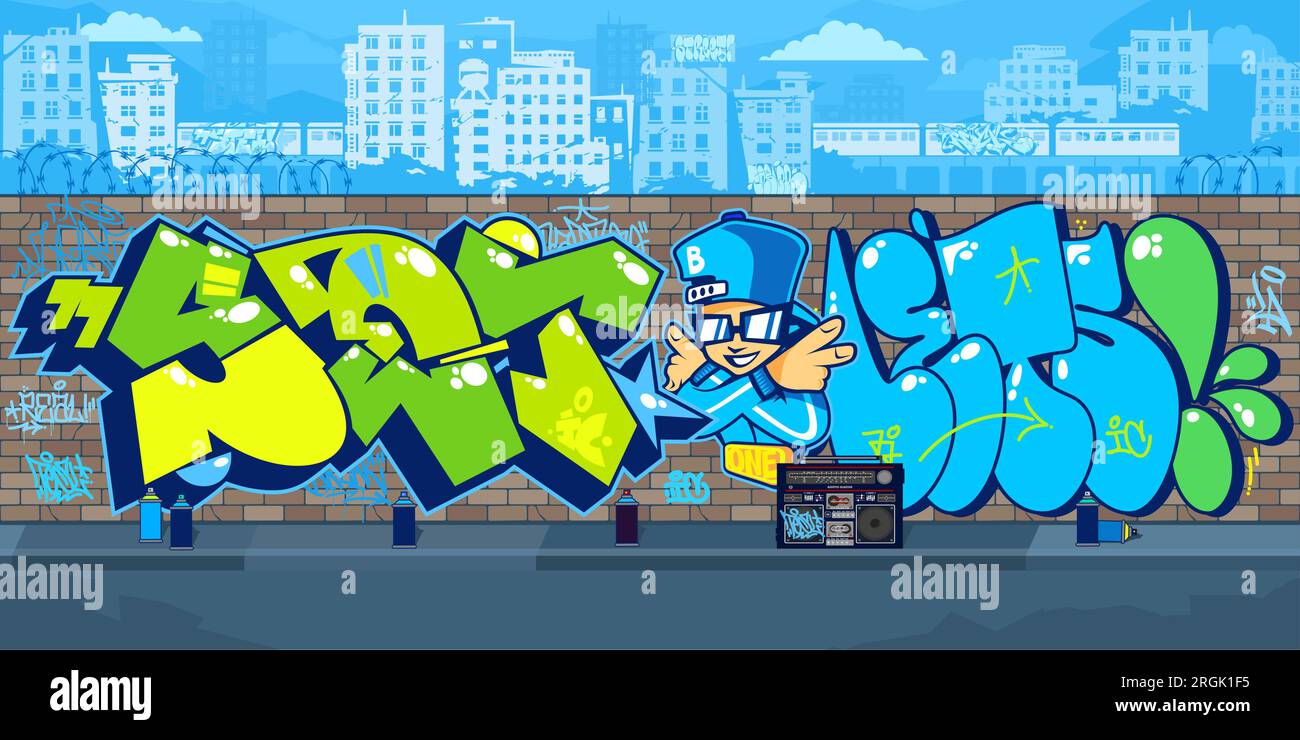 Colorful Outdoor Urban Streetart Graffiti Wall With Drawings Against