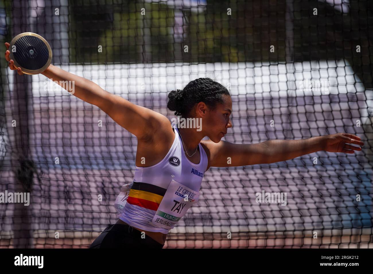 Jerusalem, Israel. 10th Aug, 2023. Belgian Sena Tay pictured in action during the discus throw event, at the European Athletics U20 Championships, Thursday 10 August 2023, in Jerusalem, Israel. The European championships take place from 07 to 10 August. BELGA PHOTO COEN SCHILDERMAN Credit: Belga News Agency/Alamy Live News Stock Photo