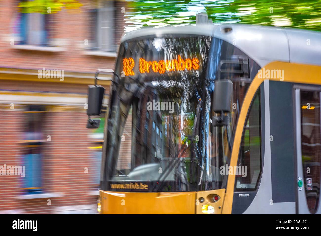 Bombardier tram at speed in central Brussels, Belgium. Stock Photo