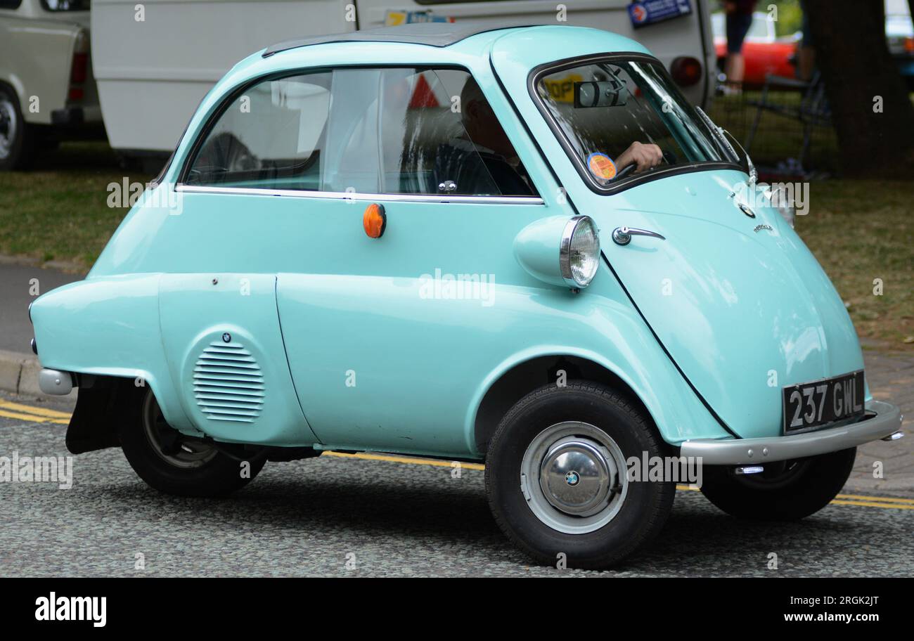 Side view of light blue BMW Isetta bubble car Stock Photo