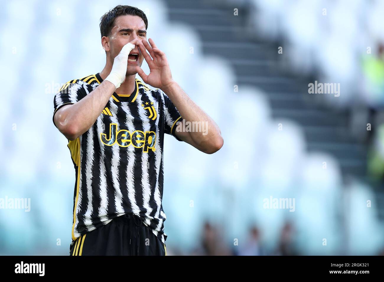 Turin, Italy. 09th Aug, 2023. Dean Huijsen of Juventus and Nicolo Cudrig of  Juventus NextGen U23 during the pre-season test match between Juventus Fc  and Juventus NextGen U23 on 09 August 2023