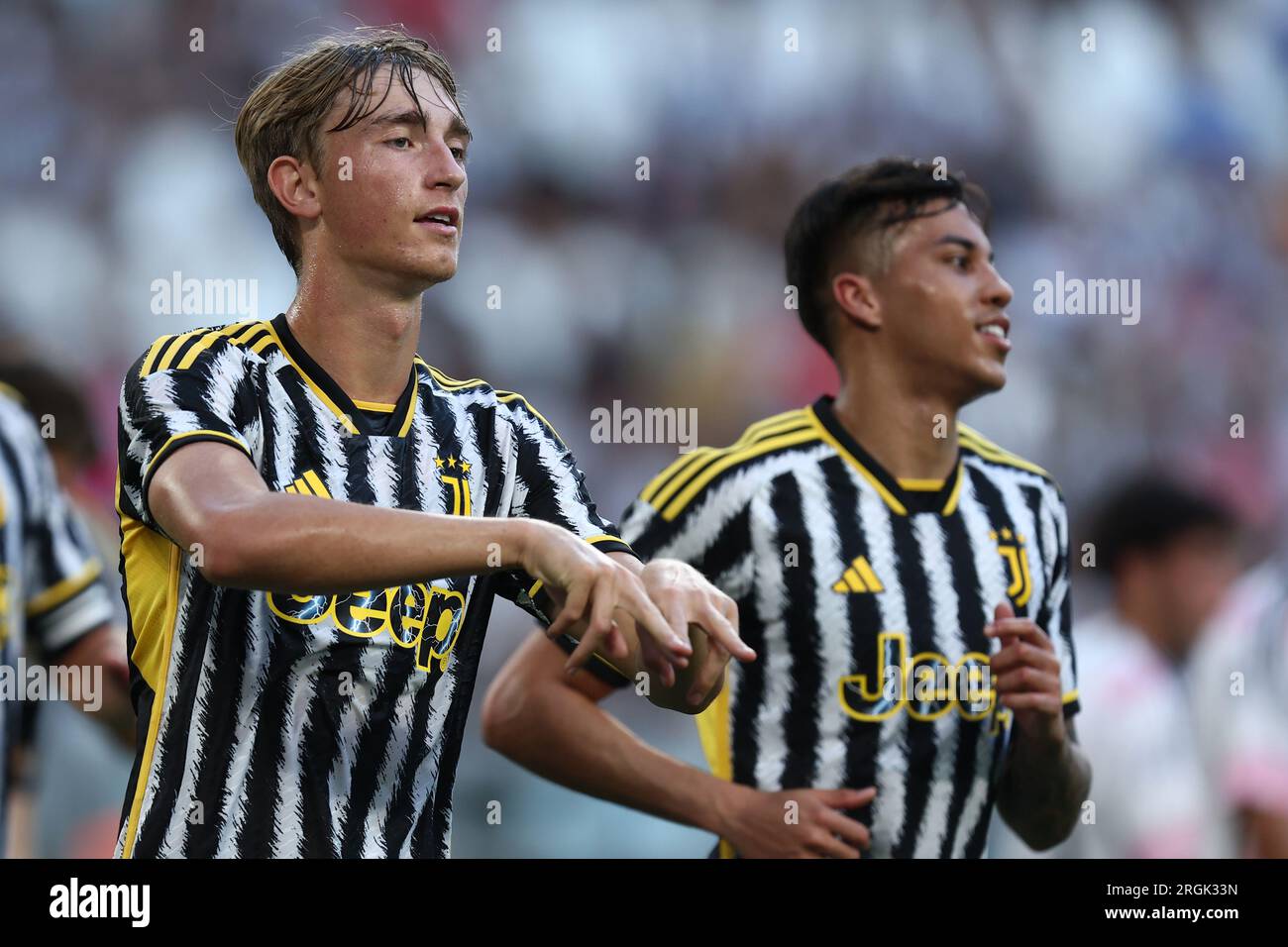 Turin, Italy. 09th Aug, 2023. Dean Huijsen of Juventus and Nicolo Cudrig of  Juventus NextGen U23 during the pre-season test match between Juventus Fc  and Juventus NextGen U23 on 09 August 2023