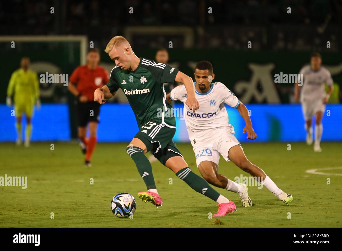 BUDAPEST, HUNGARY - AUGUST 4: Stjepan Loncar of Ferencvarosi TC controls  the ball during the UEFA Champions League Third Qualifying Round 1st Leg  match between Ferencvarosi TC and SK Slavia Praha at