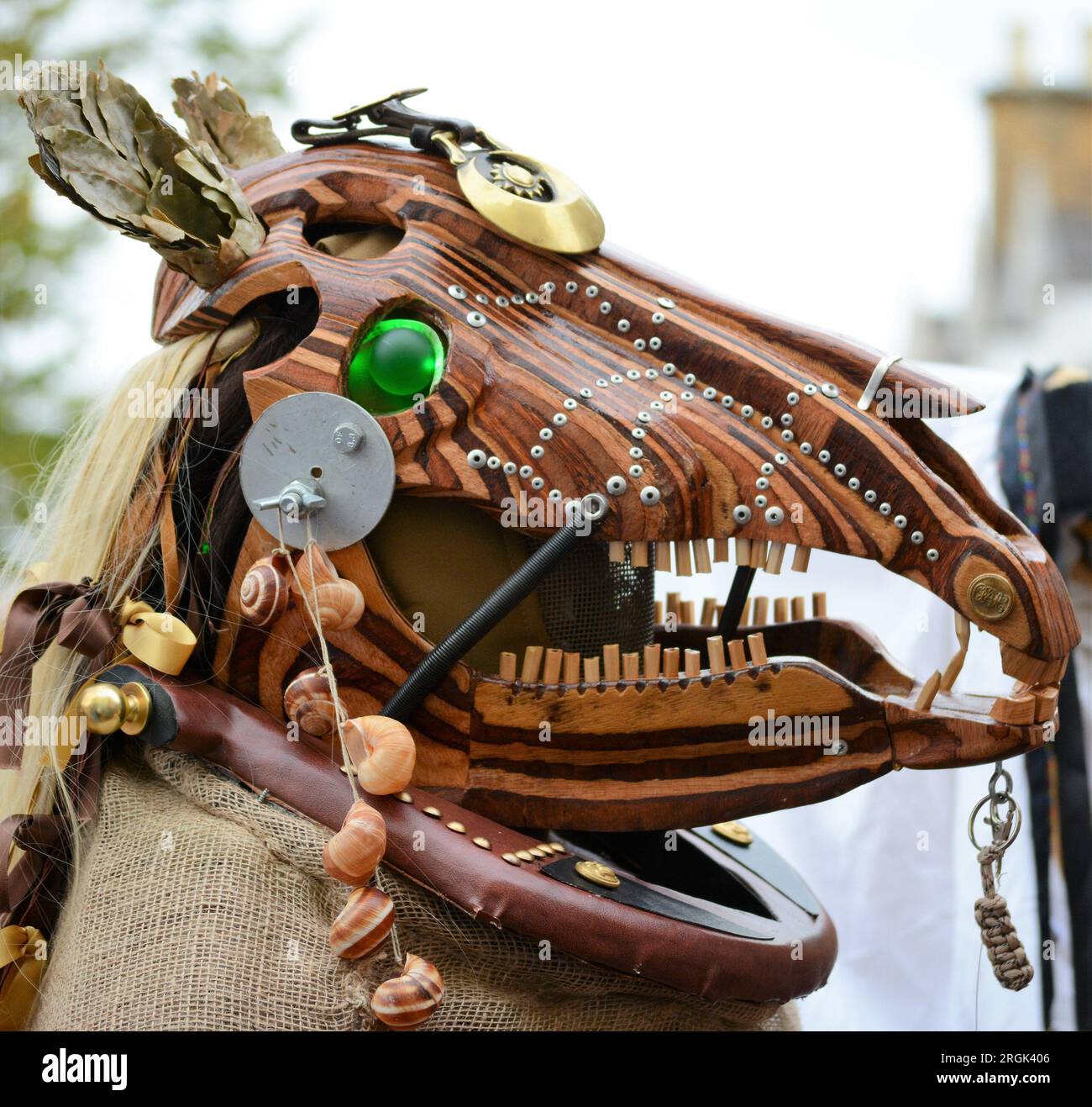 Elaborate hobby horse head made of wood Stock Photo