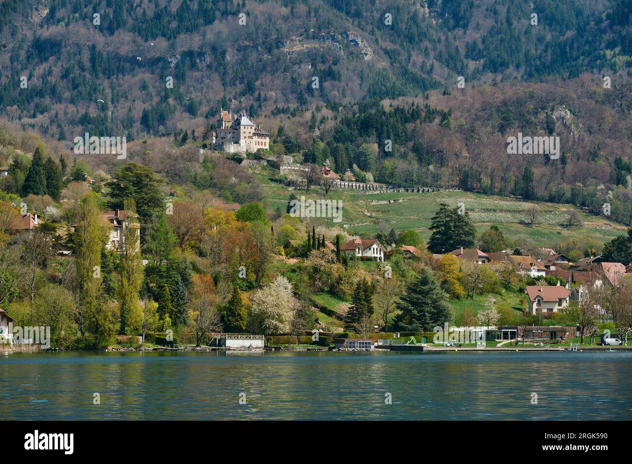 A landscape around Lake Annecy on a sunny day. Lake Annecy is a ...