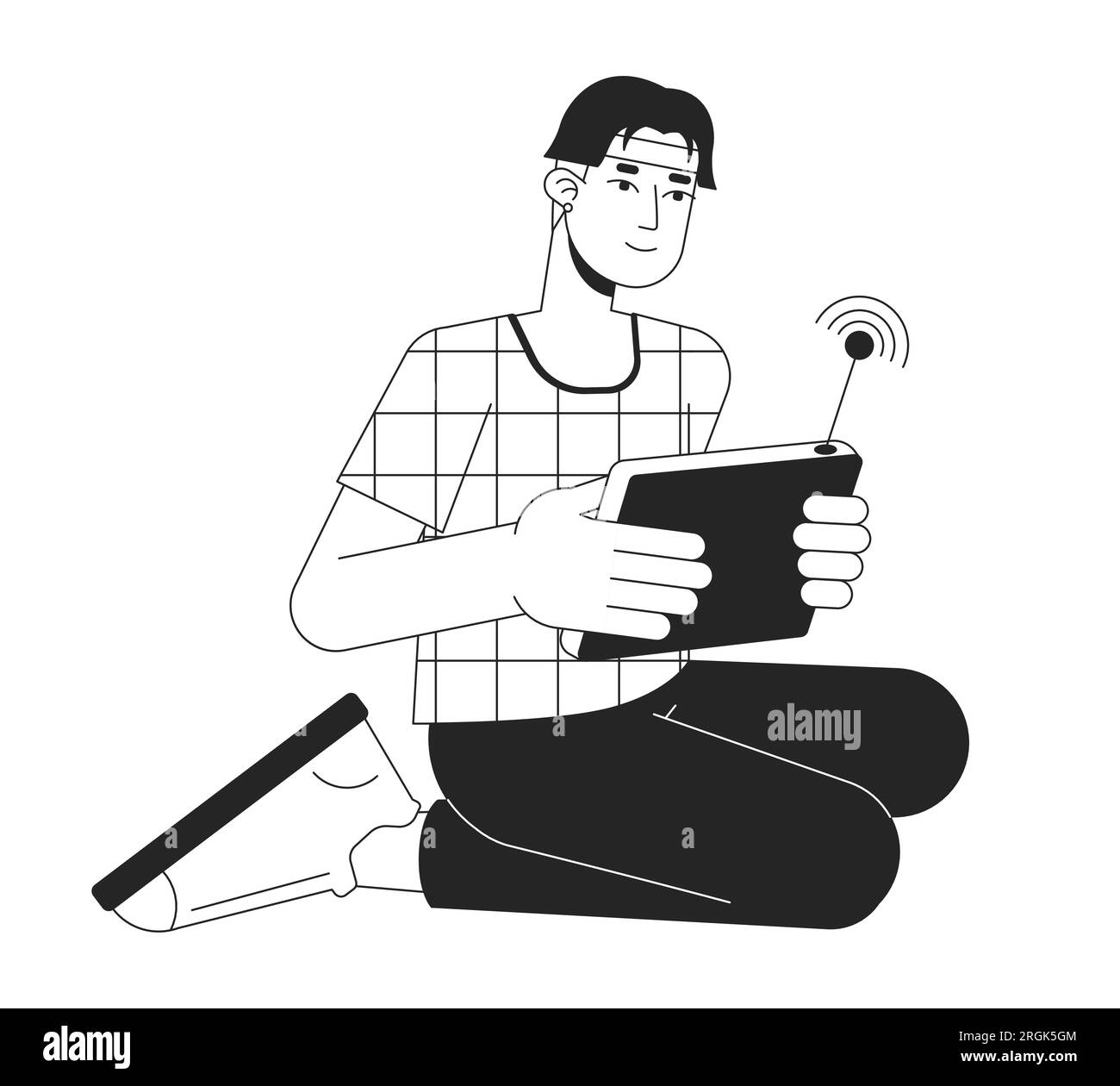 Happy asian man with wireless control console flat line black white vector character Stock Vector