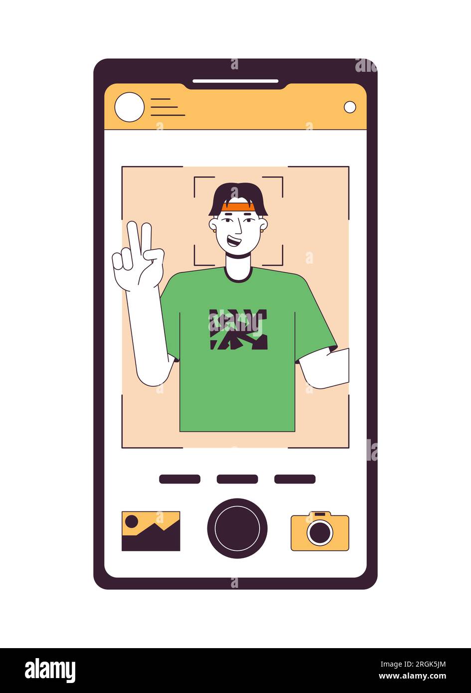 Taking photo on front camera flat line concept vector spot illustration Stock Vector