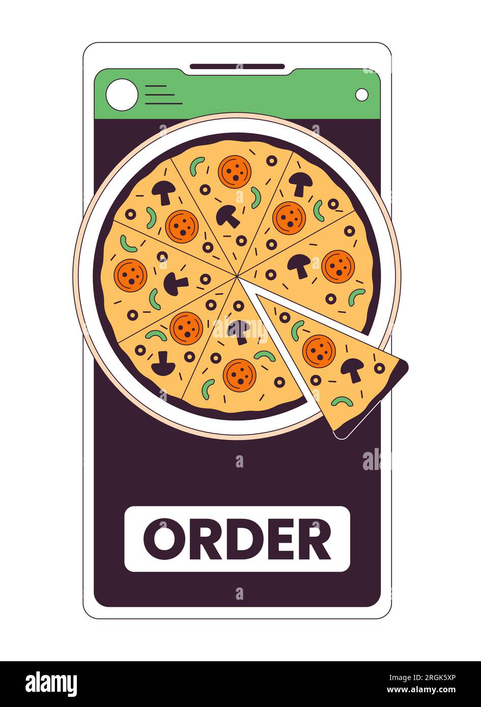 Order pizza by smartphone flat line concept vector spot illustration Stock Vector