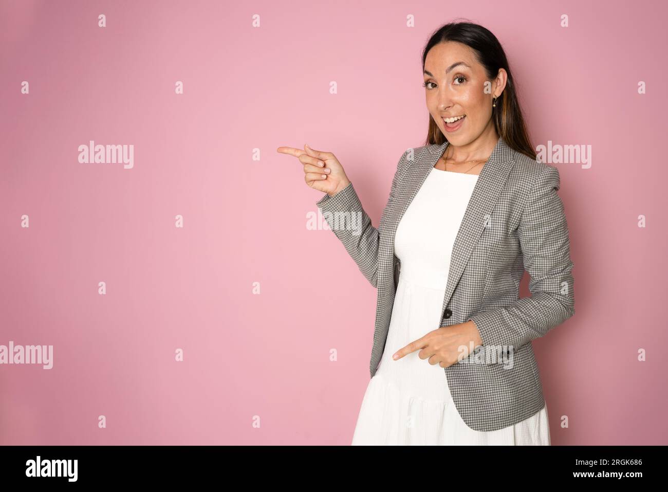 Woman finger pointing open palm hi-res stock photography and images - Alamy