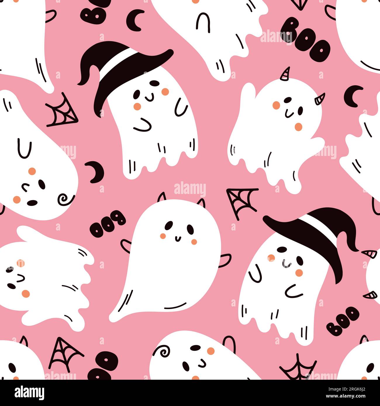 Vector colored seamless repeating childish pattern with cute ghosts on background. Stock Vector