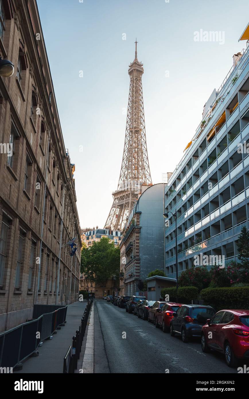 Parisian Street View of Eiffel Tower at Sunset Stock Photo