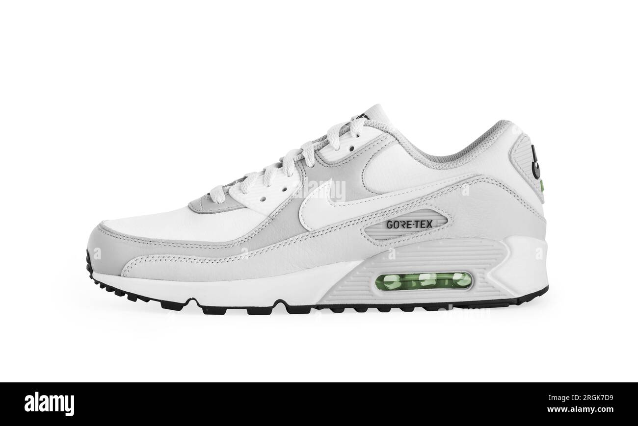 Istanbul, Turkey - April 12, 2023: Nike Air Max 90 GTX model shoes on white background. White and Gray color GORE-TEX shoes. Clipping Path. Isolated. Stock Photo