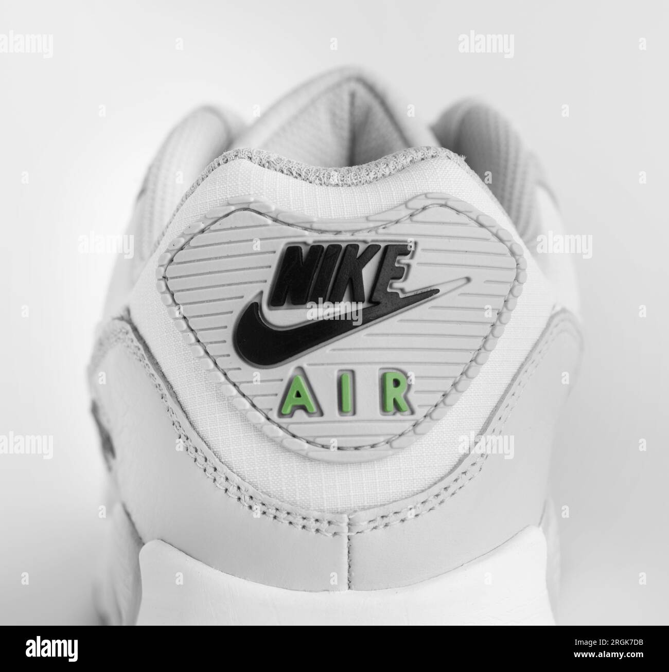 Istanbul, Turkey - April 12, 2023: Nike Air Max 90 GTX model shoes on white background. White and Gray color GORE-TEX shoes. Stock Photo